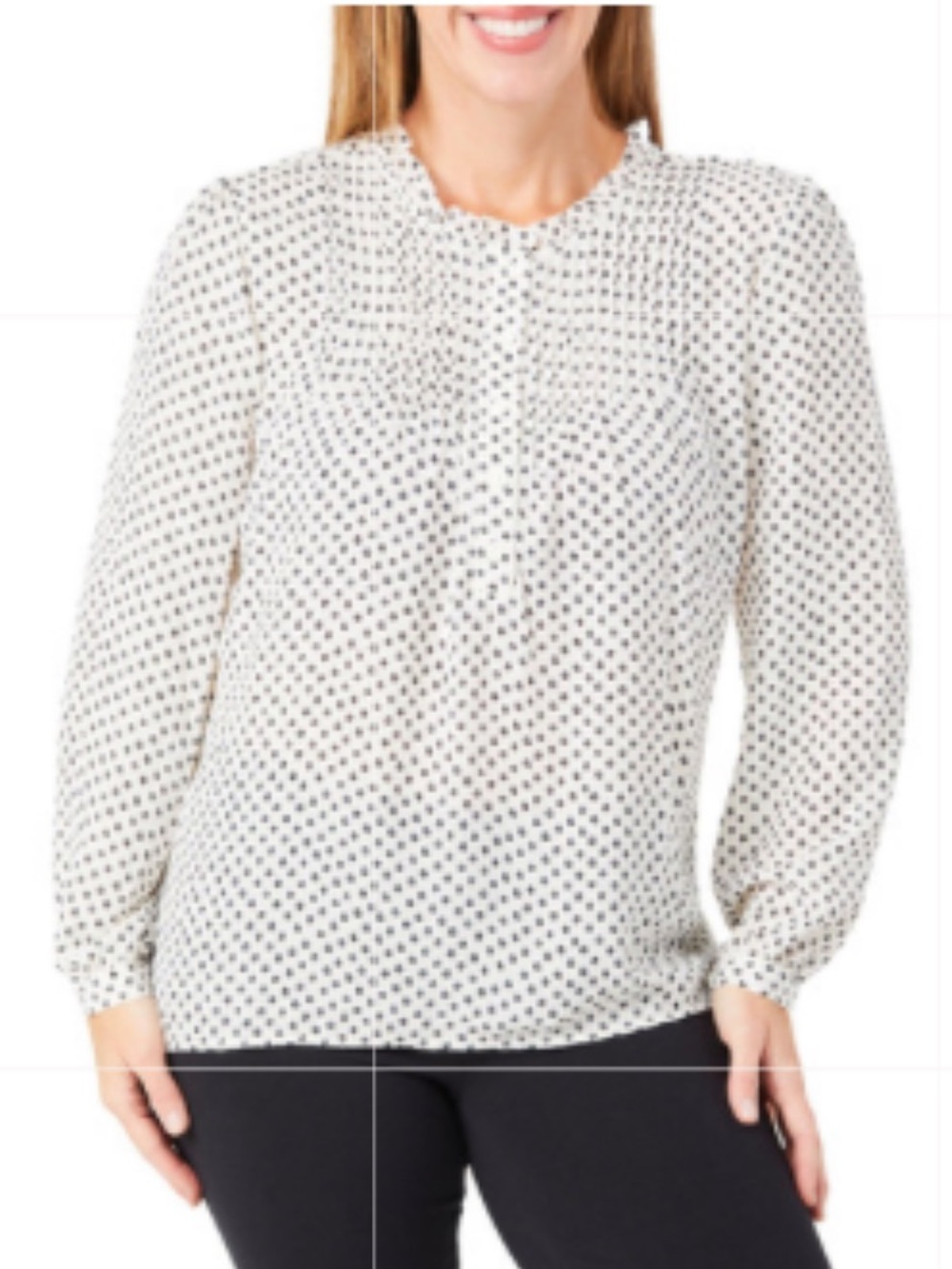 NWT Adrianna Papell White and Black Dotted Long-Sleeve Pintuck Top Size L